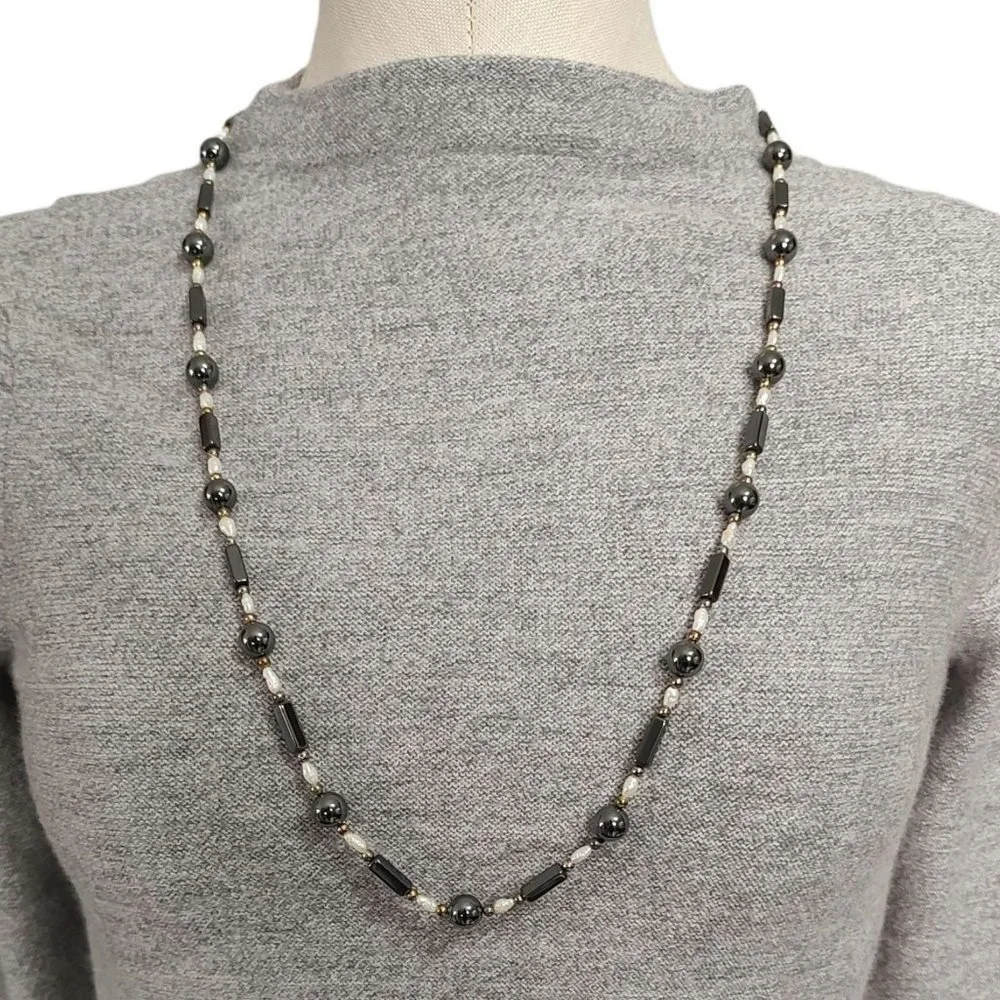 Round and Rectangle Beads Black and White Long Necklace